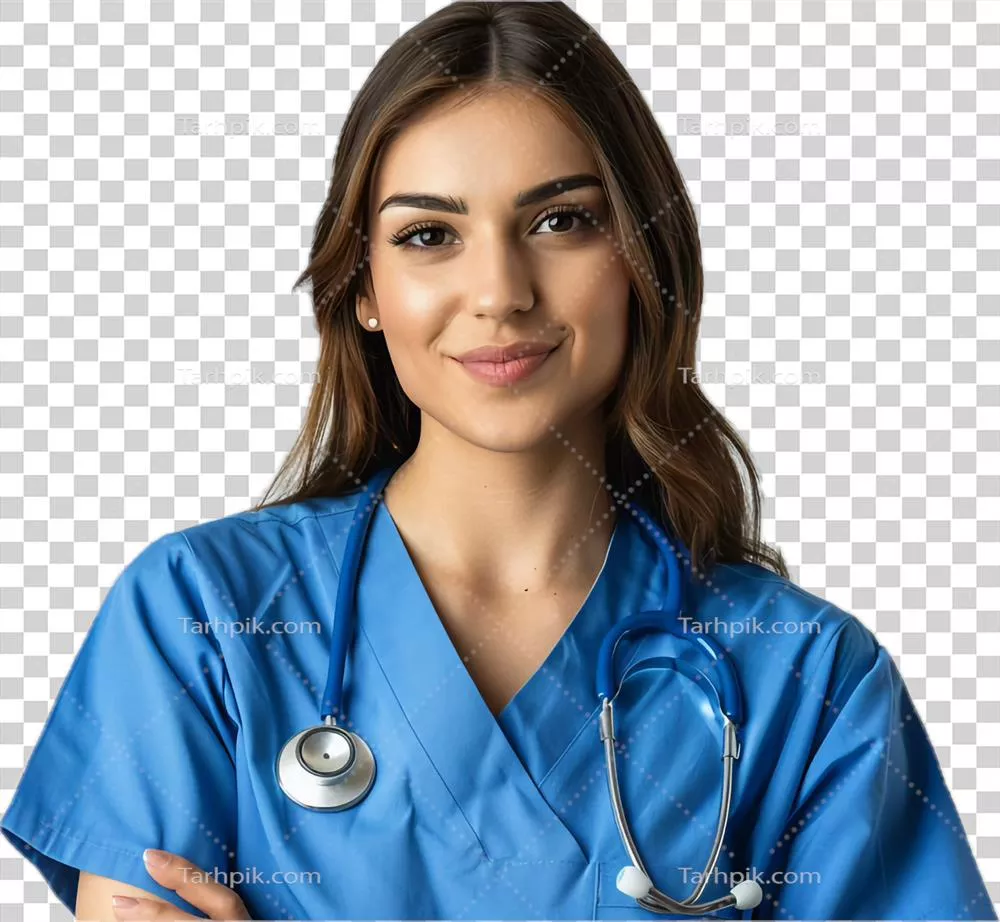 عکس دوربری پزشک زن با لباس آبی و گوشی پزشکی، با اعتماد به نفس و لبخند