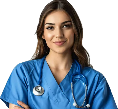 عکس دوربری پزشک زن با لباس آبی و گوشی پزشکی، با اعتماد به نفس و لبخند