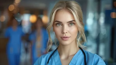 عکس پرستار خوشحال در حال مشاوره و ارائه خدمات پزشکی به بیماران
