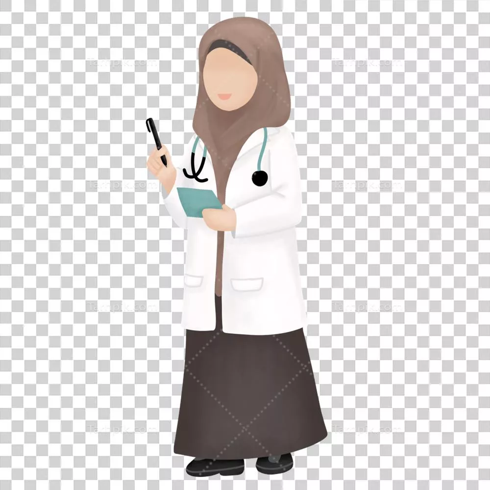 عکس دوربری دکتر مسلمان خانم در حال ایستادن با لباس پزشکی و تجهیزات درمانی