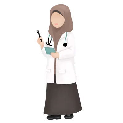 عکس دوربری دکتر مسلمان خانم در حال ایستادن با لباس پزشکی و تجهیزات درمانی