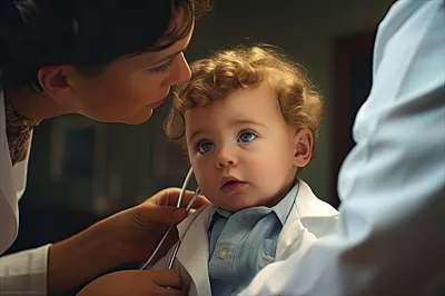 عکس پزشک در حال معاینه یک پسر بچه کوچک با استفاده از گوشی پزشکی