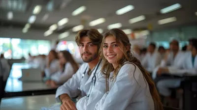 عکس دانشجویان جوان پزشکی در حال همکاری در آزمایشگاه دانشگاه