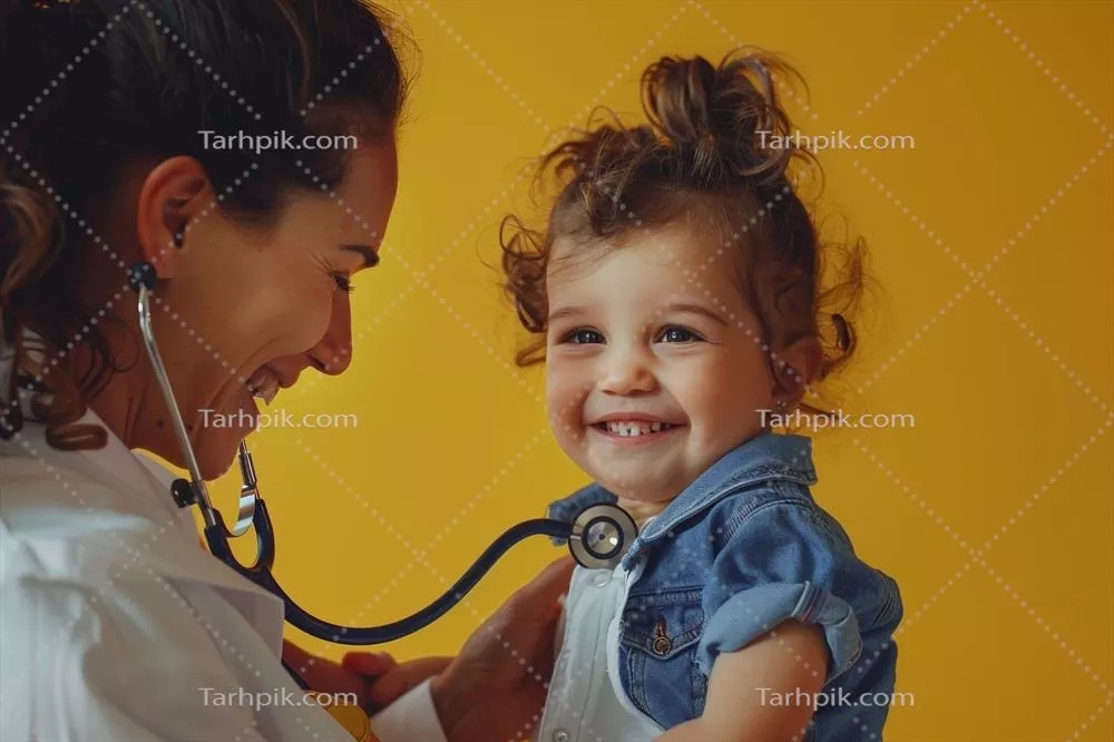 عکس پزشک کودکان با لبخند و گوشی پزشکی در کنار کودک شاد