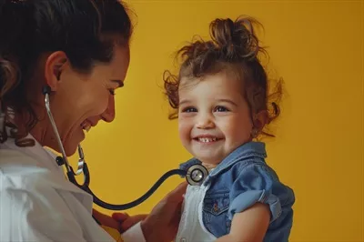 عکس پزشک کودکان با لبخند و گوشی پزشکی در کنار کودک شاد
