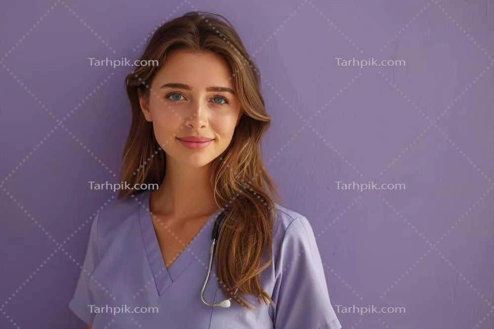 عکس پرستار زن در لباس فرم پزشکی در مقابل دیوار بنفش ایستاده است