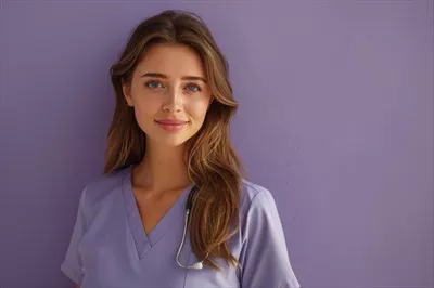 عکس پرستار زن در لباس فرم پزشکی در مقابل دیوار بنفش ایستاده است