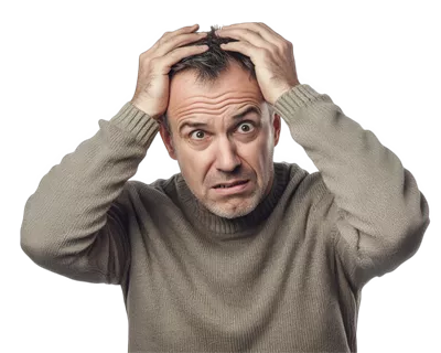عکس دوربری مردی که با نگرانی به دوربین نگاه می کند و دستش را روی سرش گذاشته است