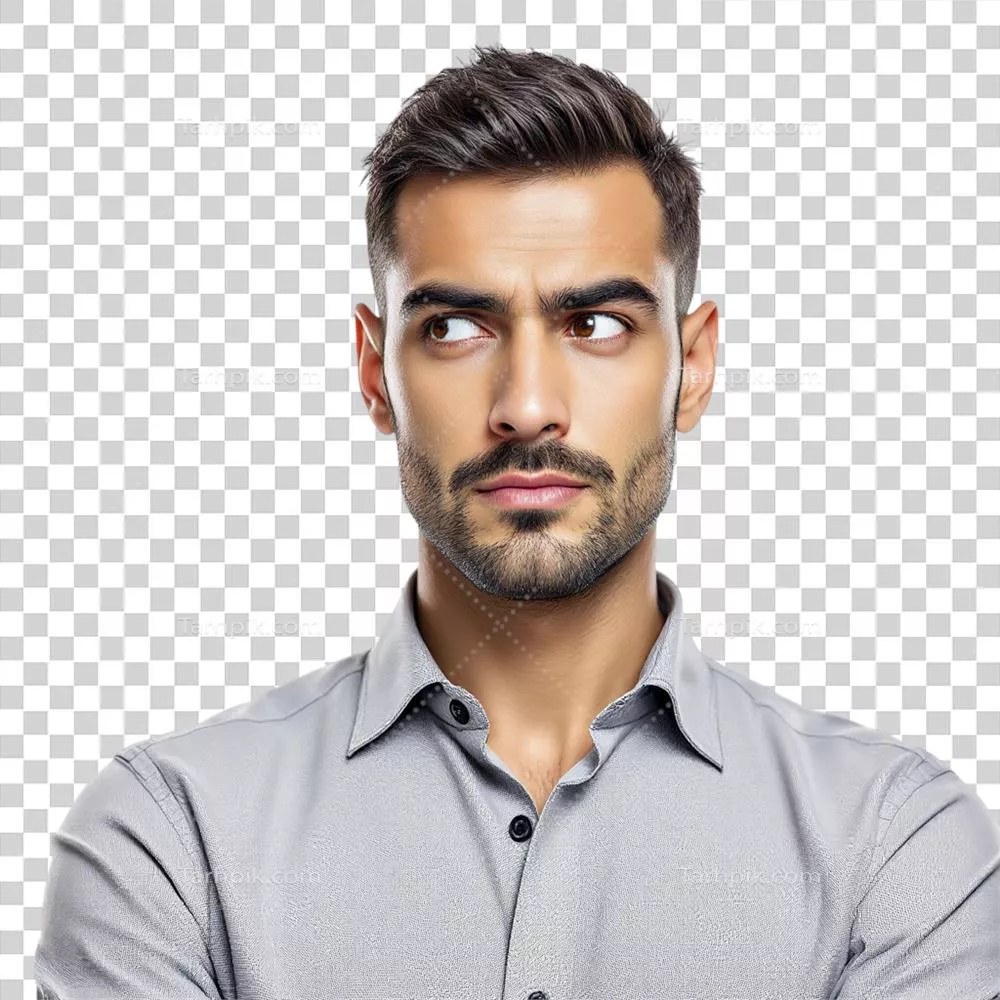 عکس دوربری مردی با پیراهن و دستان قفل شده در حالت تفکر عمیق