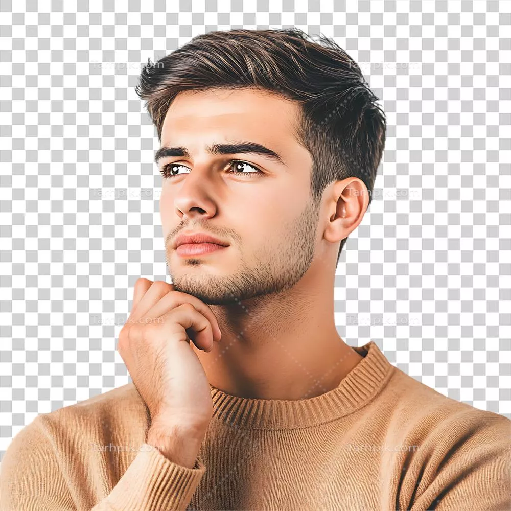 عکس دوربری مرد جوان با haircut شیک و تفکر عمیق در پس زمینه شفاف