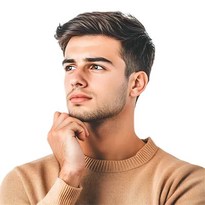 عکس دوربری مرد جوان با haircut شیک و تفکر عمیق در پس زمینه شفاف