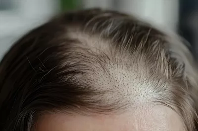 عکس تصویری نزدیک از موهای نازک و پوست سر یک فرد