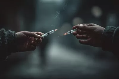 عکس دو دست که سیگاری را در دست دارند و سرنگی را نگه داشته اند