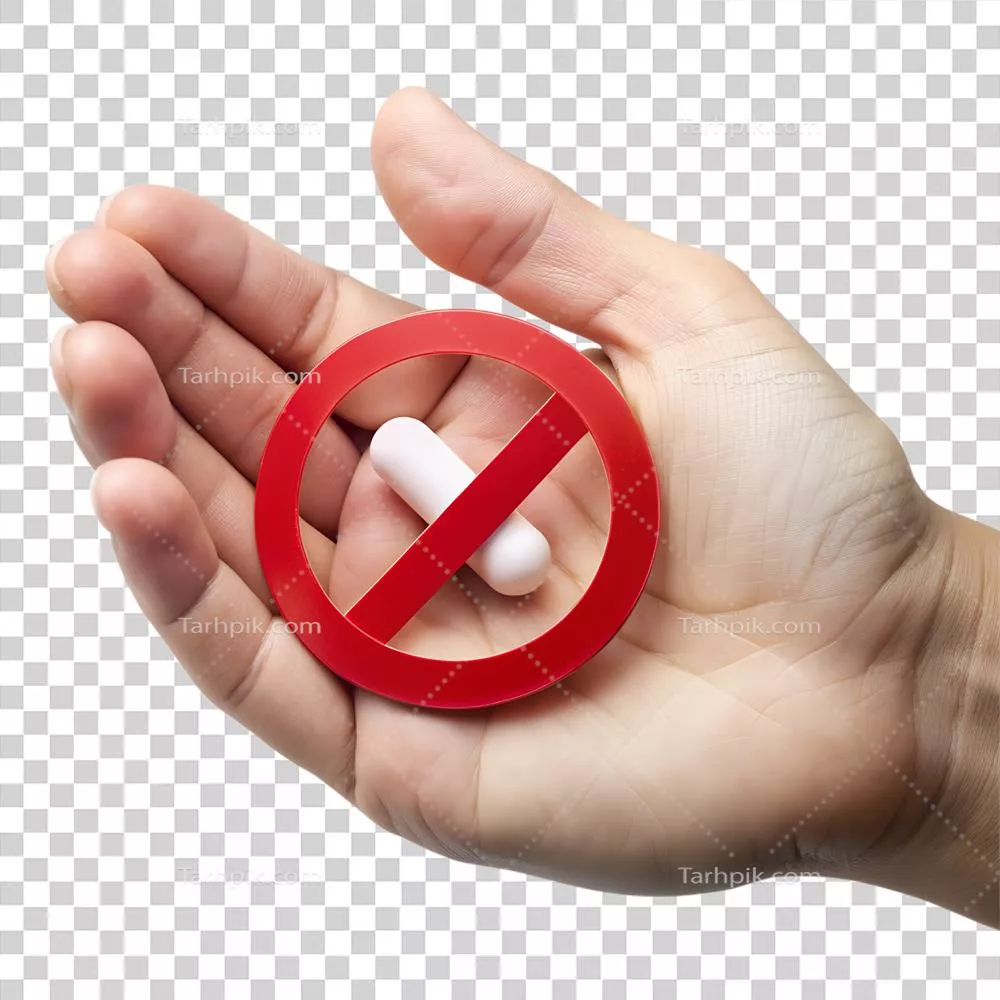 عکس دوربری تصویری از دست holding یک قرص با علامت عدم مصرف دارو