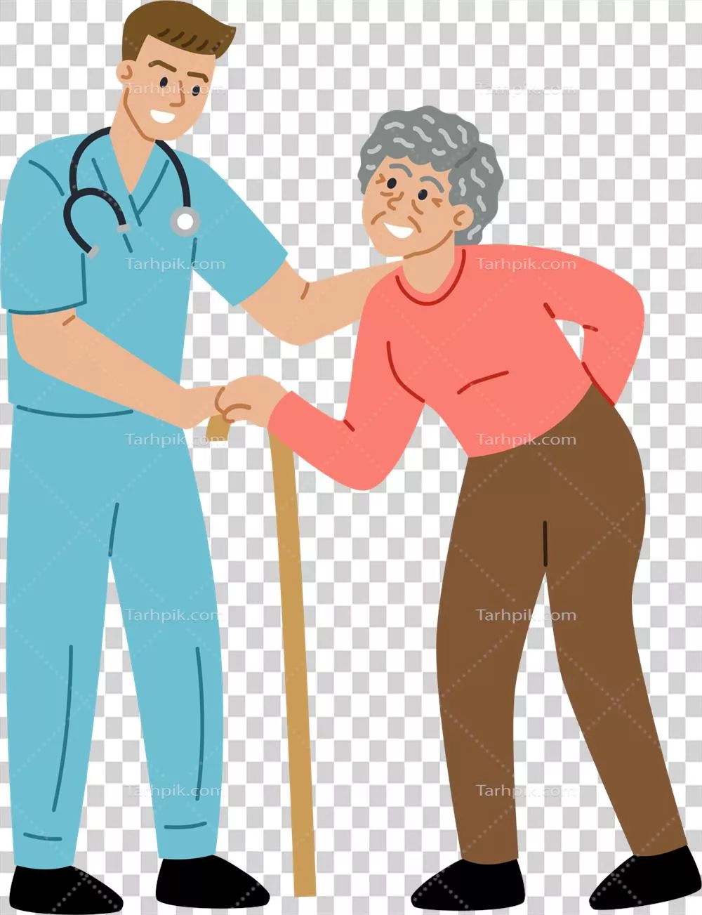 عکس دوربری پزشک مرد یا پرستار در حال کمک به بیمار سالخورده زن با عصا