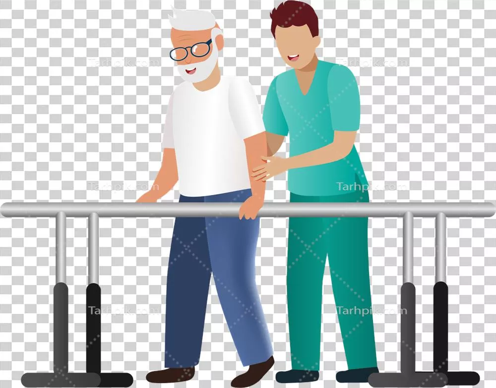 عکس دوربری فیزیوتراپیست در حال کمک به یک مرد سالخورده برای راه رفتن بر روی میله های موازی به منظور بهبودی از مشکلات ارتوپدی