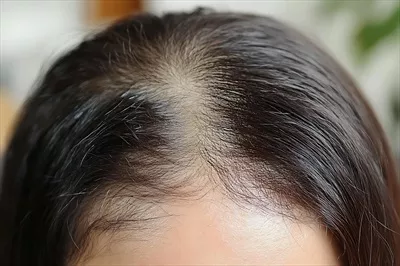 عکس تصویری نزدیک از پوست سر یک فرد با موهای تیره و نازک شده