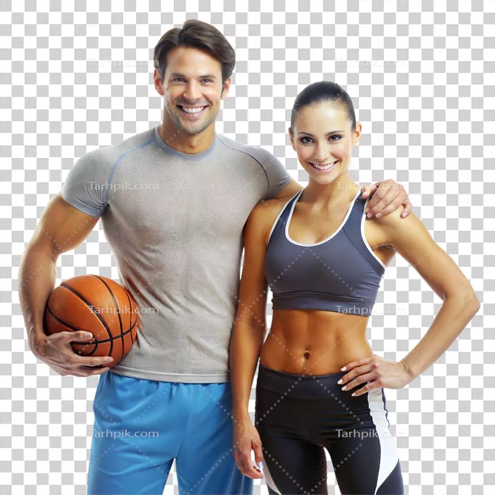 عکس دوربری زوج ورزشی در حال نمایش با توپ بسکتبال در استودیو