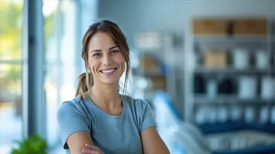 عکس فیزیوتراپیست خوشحال در یک کلینیک مدرن با خدمات بهداشتی حرفه ای و دوستانه