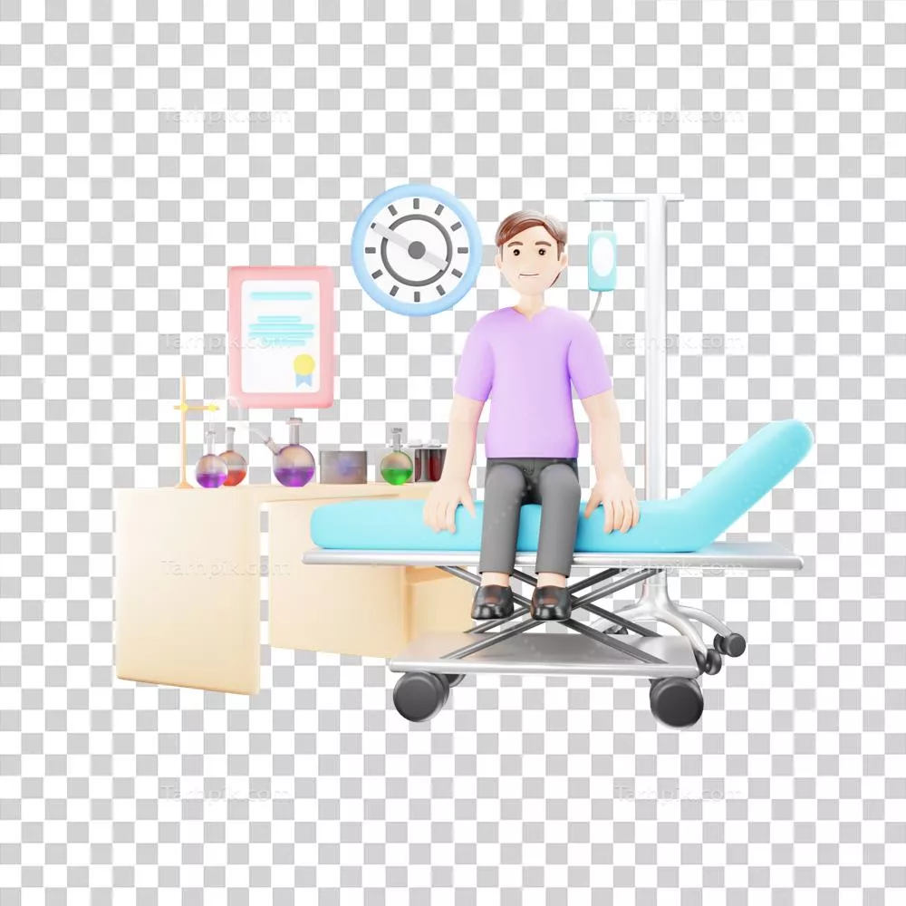 عکس دوربری تصویری از بیمار نشسته بر روی تخت بیمارستان با طراحی سه بعدی
