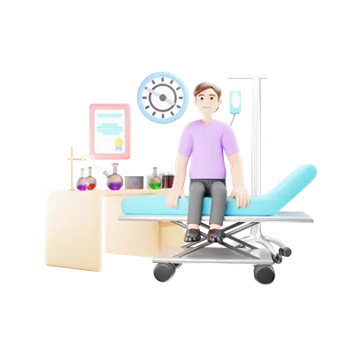 عکس دوربری تصویری از بیمار نشسته بر روی تخت بیمارستان با طراحی سه بعدی