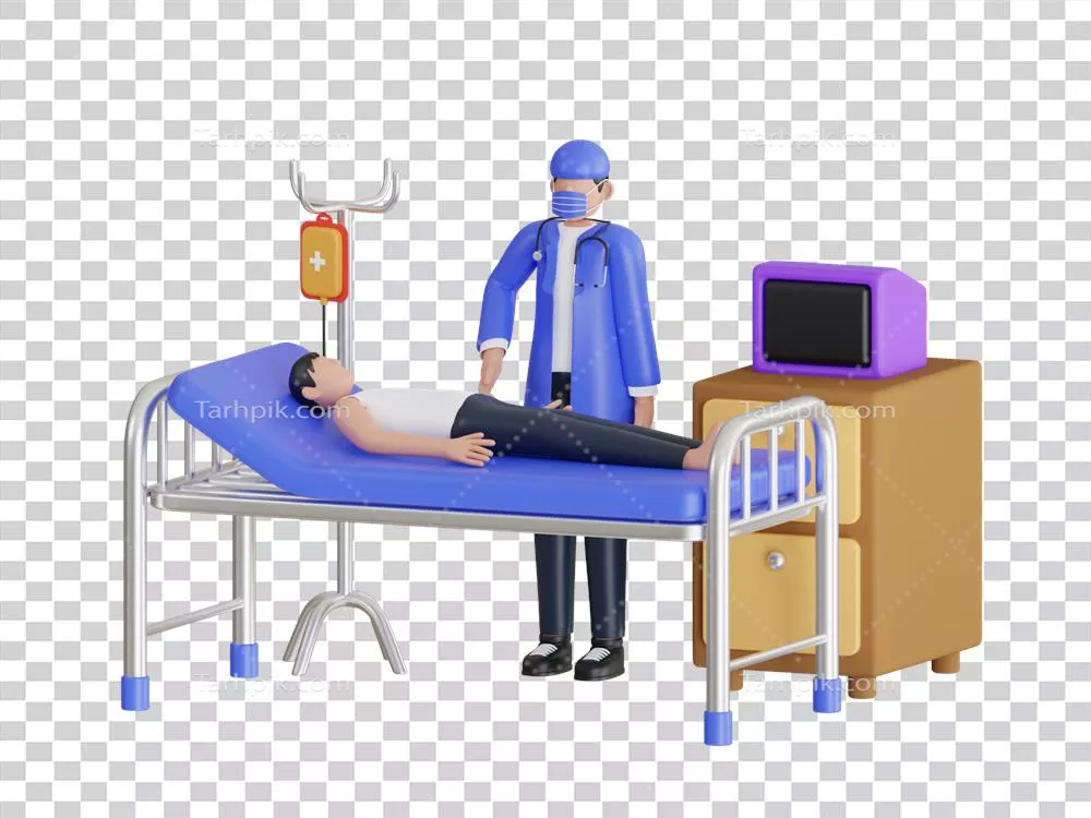 عکس دوربری تصویری سه بعدی از پزشک در حال بررسی وضعیت سلامت بیمار در بیمارستان