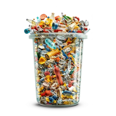 عکس دوربری ظرف شیشه ای پر از اقلام پلاستیکی متنوع بر روی پس زمینه شفاف