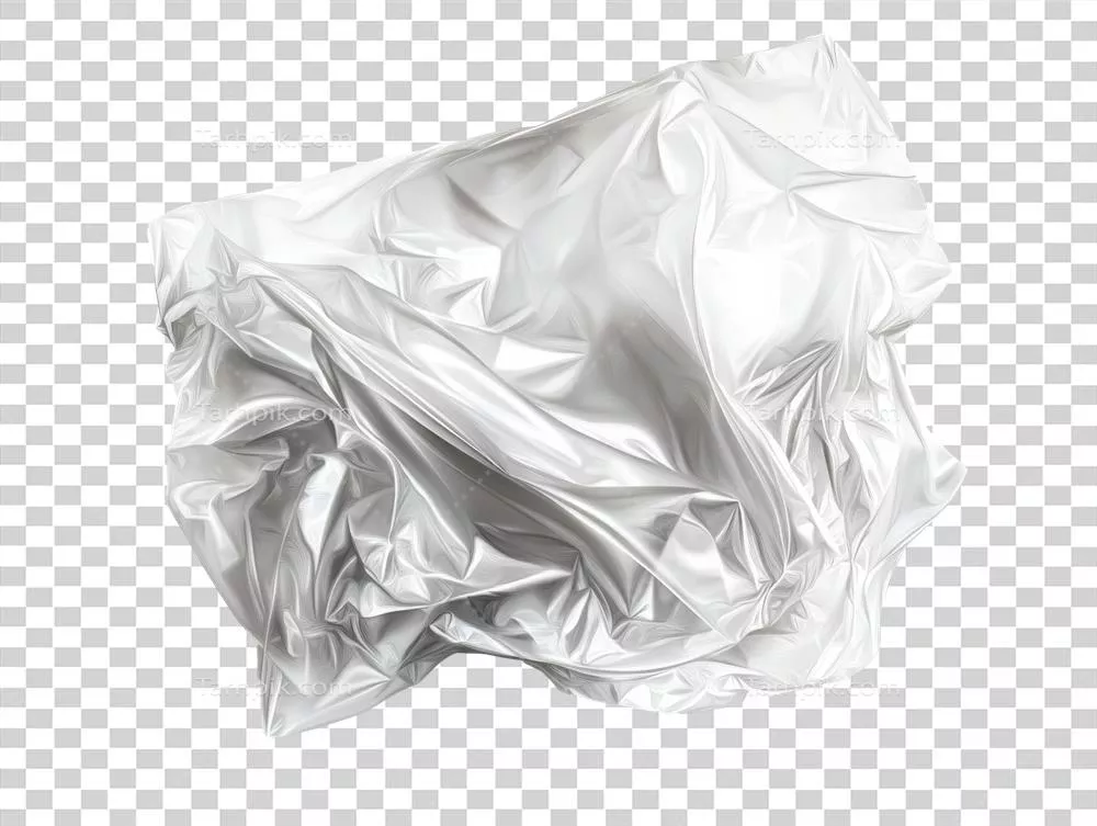 عکس دوربری پارچه نقره ای مچاله شده بر روی پس زمینه سفید با کیفیت بالا