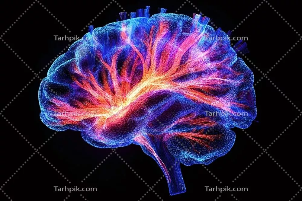 عکس تصویری از مغز درخشان با نمایش شبکه های عصبی و اتصالات آن