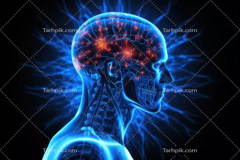 عکس تصویری دیجیتال و هنری از مغز انسان با پس زمینه رنگی و افکت درخشان