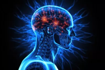 عکس تصویری دیجیتال و هنری از مغز انسان با پس زمینه رنگی و افکت درخشان