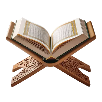 عکس دوربری قرآن کریم بر روی پایه چوبی در کنار سجاده نماز