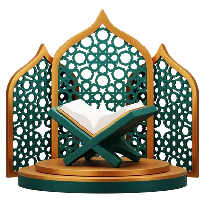 عکس دوربری تصویری سه بعدی از قرآن کریم بر روی منبر، مناسب برای ماه رمضان