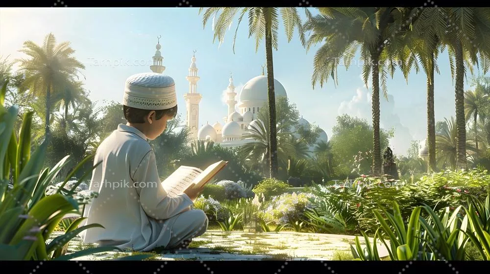 عکس پسر مسلمان در حال نگه داشتن قرآن در فضایی آرام و دلنشین