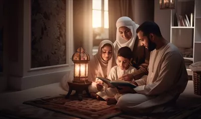 عکس خانواده مسلمان در کنار هم، در حال خواندن و یادگیری قرآن با فرزندانشان