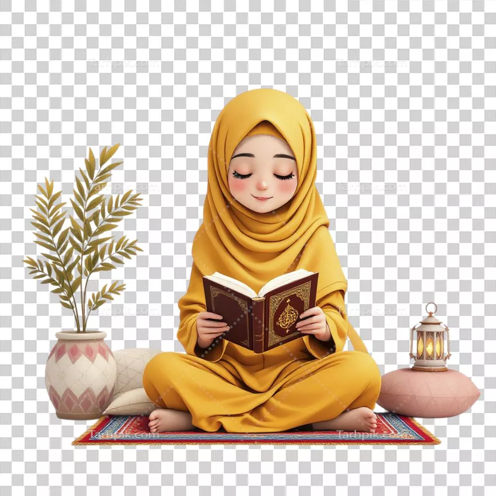 عکس دوربری دختری مسلمان در حال مطالعه قرآن بر روی زمین با چراغ و گلدان