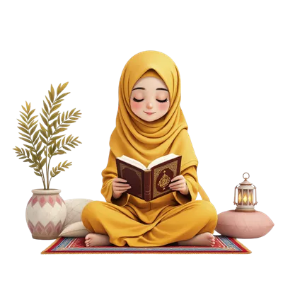 عکس دوربری دختری مسلمان در حال مطالعه قرآن بر روی زمین با چراغ و گلدان