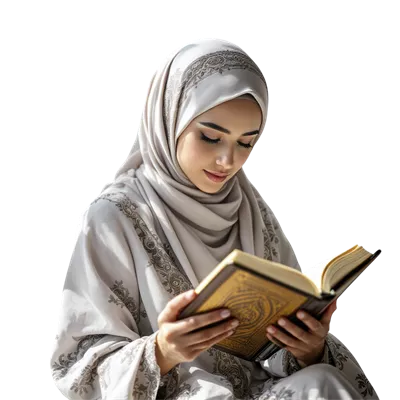 عکس دوربری زنی مسلمان در حال مطالعه قرآن با دقت و تمرکز بالا