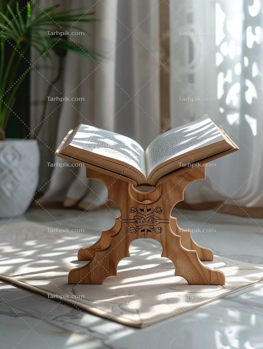 عکس یک پایه چوبی زیبا با قرآن کریم باز شده - نمایی دلنشین و معنوی