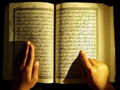عکس مرد مسلمان در حال خواندن قرآن کریم با دقت و آرامش