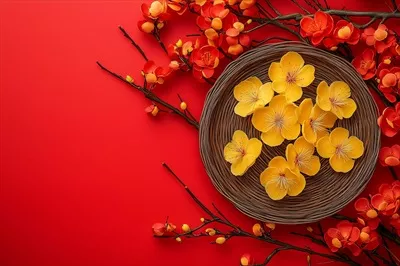 عکس چیدمان رنگارنگ نوروز با شکوفه های زرد و شاخه های قرمز در پس زمینه ای زنده