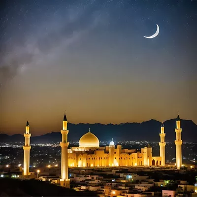 عکس مسجد باشکوه و واقع گرایانه در شب با ماه هلالی و کهکشان