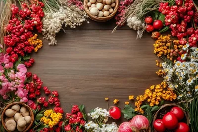 عکس چیدمان رنگارنگ گل ها، میوه ها و آجیل ها بر روی پس زمینه چوبی برای جشن نوروز