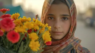 عکس دختر نوجوانی که در کنار خیابان گل می فروشد و با چشمانی پر از امید به زندگی بهتر می اندیشد