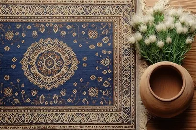عکس فرش سنتی ایرانی با تزئینات گلدار و گلدانی سفالی در جشن نوروز