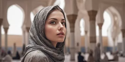 عکس زنی زیبا با حجاب در مقابل مسجد، نمایی دلنشین و معنوی