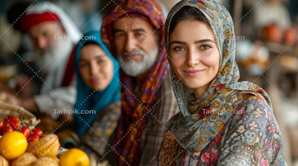 عکس پرتره ای از یک زن جوان با روسری در کنار خانواده اش با لباس های سنتی و فرهنگی