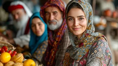 عکس پرتره ای از یک زن جوان با روسری در کنار خانواده اش با لباس های سنتی و فرهنگی
