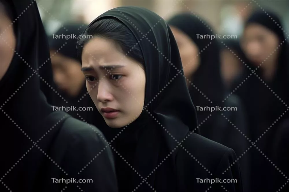 عکس زنی آسیایی در حال سوگواری در مراسم خاکسپاری با عمق میدان کم