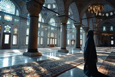 عکس زنی مسلمان با نقاب در فضای لوکس یک مسجد قدم می زند